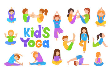 Kids doing yoga exercises. Yoga kids set. Gymnastics for children and healthy lifestyle. Vector illustration.