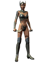 3d illustration representing a nice warrior queen with fantasy helmet armed with knives