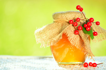 Golden honey  in a small  jar, viburnum berries. Sunny day.
