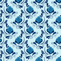 Fototapeta na wymiar Seamless blue flowers gzhel vector pattern.