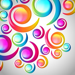 Abstract colorful spiral arc-drop pattern on a light background.