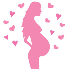 Obraz na płótnie Canvas Silhouette of pregnant woman with hearts around. Vector illustration.