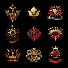 Fototapeta premium Royal symbols, Flowers, floral and crowns, emblems set. Heraldic