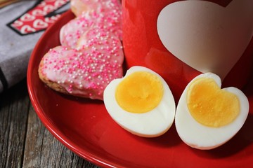 Heart shaped egg and Cooffe latte  / Breakfast for Valentine's day