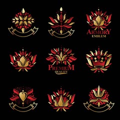 Fototapeta na wymiar Royal symbols, Flowers, floral and crowns, emblems set. Heraldic