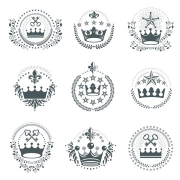 Ancient Crowns emblems set. Heraldic vector design elements coll