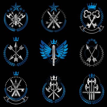 Vintage Weapon Emblems set. Heraldic Coat of Arms decorative emb
