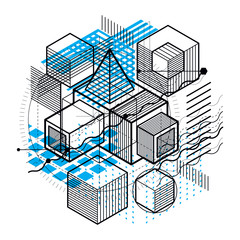 Vector background with abstract isometric lines and figures. Tem