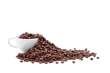 Coffee beans in coffee cup isolated on white