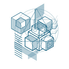 Isometric abstraction with lines and different elements, vector