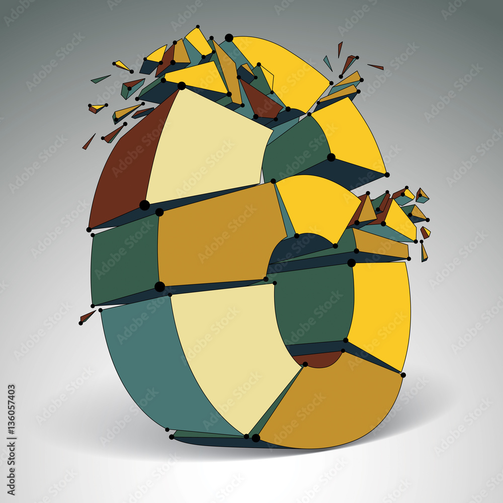 Poster abstract 3d faceted colorful number 6 with connected black lines