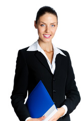 Young beautiful happy smiling businesswoman with blue folder, isolated on white background. Caucasian female model in business success concept studio shot.