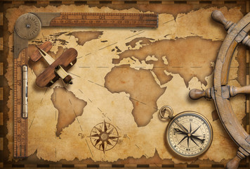 Fototapeta na wymiar Old nautical map still life as adventure, travel and exploration theme