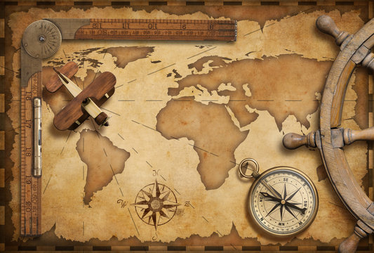 Fototapeta Old nautical map still life as adventure, travel and exploration theme