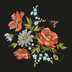Obraz na płótnie Canvas Embroidery colorful floral pattern with poppy and daisy flowers. Vector traditional folk fashion ornament with chamomiles and bee on black background.