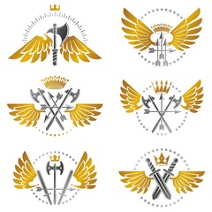 Vintage Weapon Emblems set. Heraldic coat of arms decorative emb