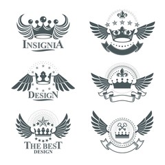 Ancient Crowns emblems set. Heraldic vector design elements coll