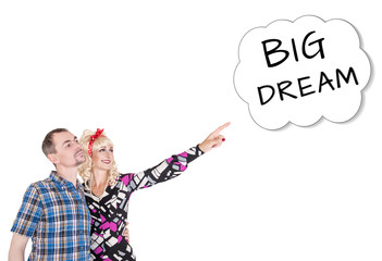 Funny retro family couple embracing and pointing up on dream