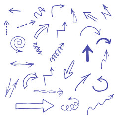 Hand drawn blue arrows icons set on white