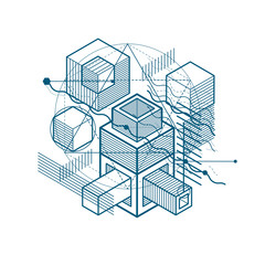 Isometric abstract background with linear dimensional shapes, ve