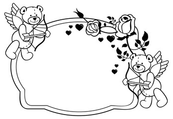 Oval label with outline roses and teddy bear.  Raster clip art.