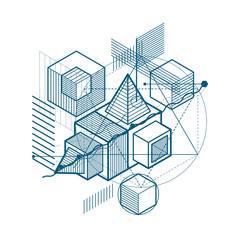 Vector background with abstract isometric lines and figures. Tem