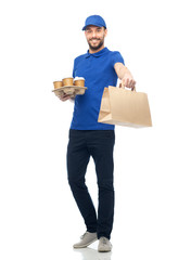 happy delivery man with coffee and food in bag