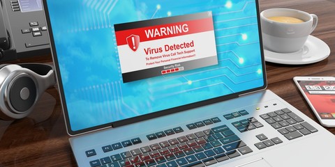 Virus alert on a laptop screen. 3d illustration