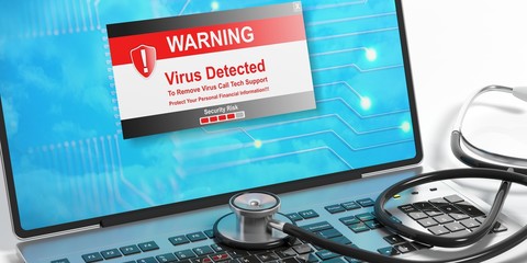 Virus alert on a laptop screen and a stethoscope. 3d illustration