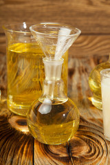 Massage oil on a wooden background