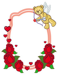 Color frame with roses and teddy bear with bow and wings, looks like a Cupid.