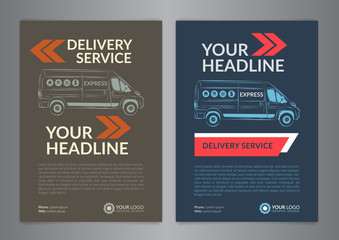 Set A4 Express delivery service brochure flyer design layout template. Delivery van magazine cover, mockup flyer. Vector illustration.