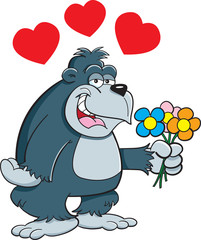 Cartoon illustration of a gorilla holding flowers.