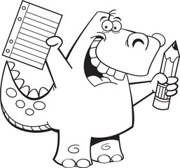Black and white illustration of a dinosaur holding a paper and pencil.