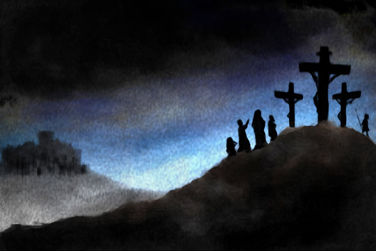 Crucifiction of Jesus Christ on Calvary hill . abstract artistic religious Easter background