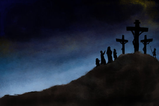 Crucifiction of Jesus Christ on Calvary hill . abstract artistic religious Easter background