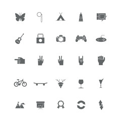 Set of black icons with different hipster things (electronics, accessories, hand gestures).