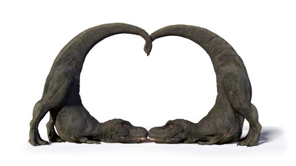 T-rex couple in love, two Tyrannosaurus rex dinosaurs forming a heart shape (3d illustration isolated on white background)