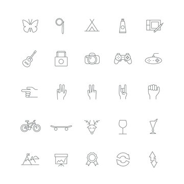 Set of linear hipster icons with different things (electronics, accessories, hand gestures).