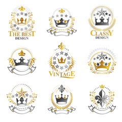 Royal Crowns emblems set. Heraldic vector design elements collec