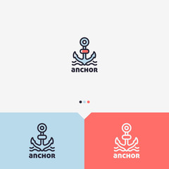 Anchor Logo Design Template. Simple and Clean Outline Style. Color and Monochromatic Version. Vector.