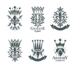 Royal symbols Lily Flowers, floral and crowns, emblems set. Hera