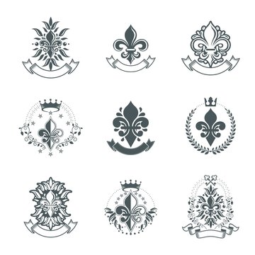 Royal symbols Lily Flowers emblems set. Heraldic vector design e
