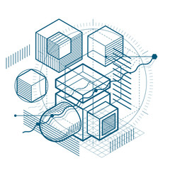 Isometric abstraction with lines and different elements, vector
