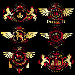 Heraldic vector signs decorated with vintage elements, monarch c