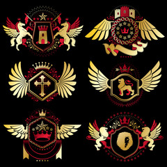 Heraldic vector signs decorated with vintage elements, monarch c