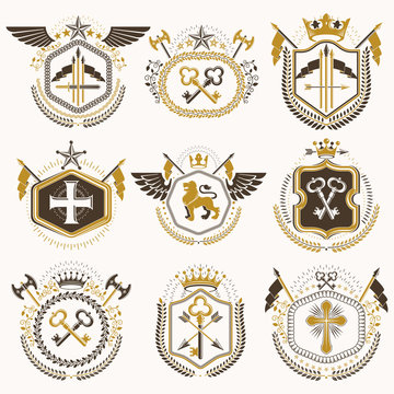 Set of old style heraldry vector emblems, vintage illustrations