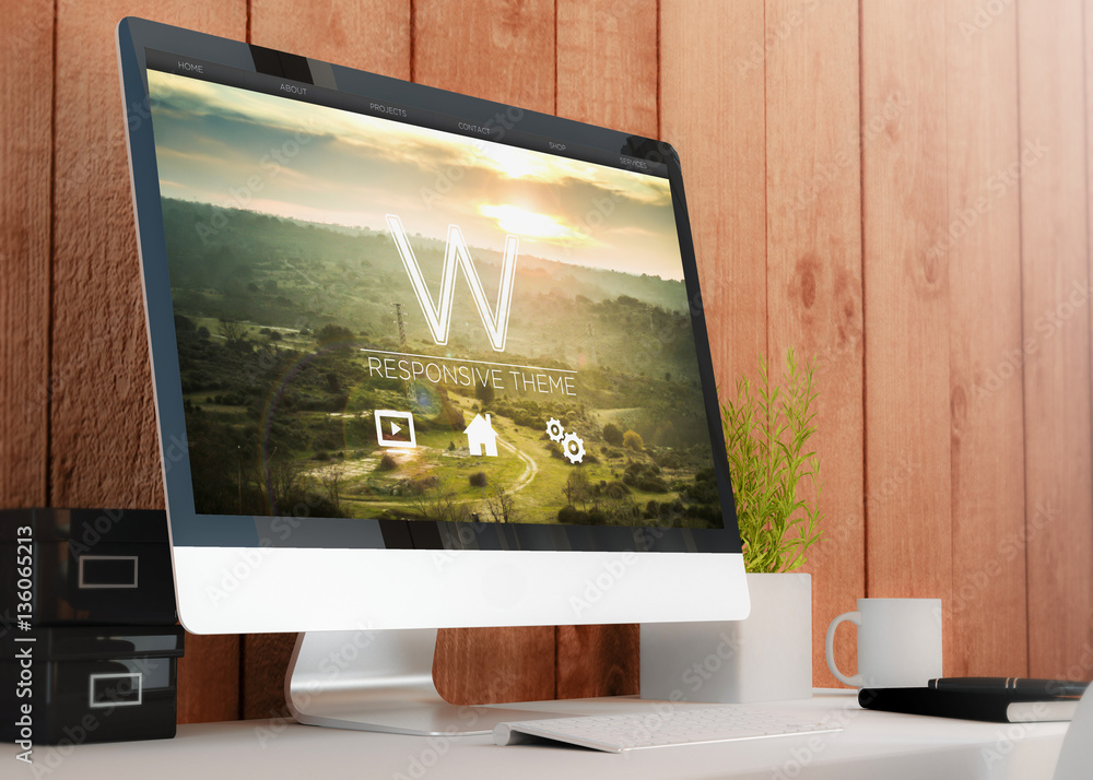 Poster modern workspace with computer responsive theme