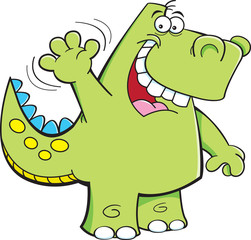 Cartoon illustration of a dinosaur waving.