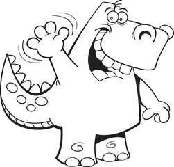 Black and white illustration of a dinosaur waving.
